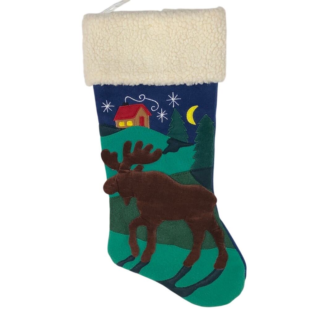 Vintage Moose Stocking Forest Mountain Christmas Rustic Lodge Cabin Decor NEW